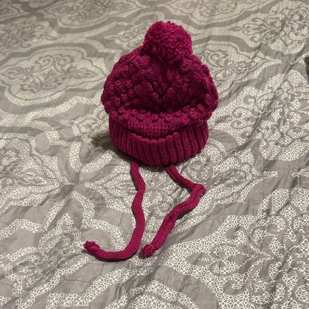 Knit Pom-Pom Earflap Hat in Berry Pink
